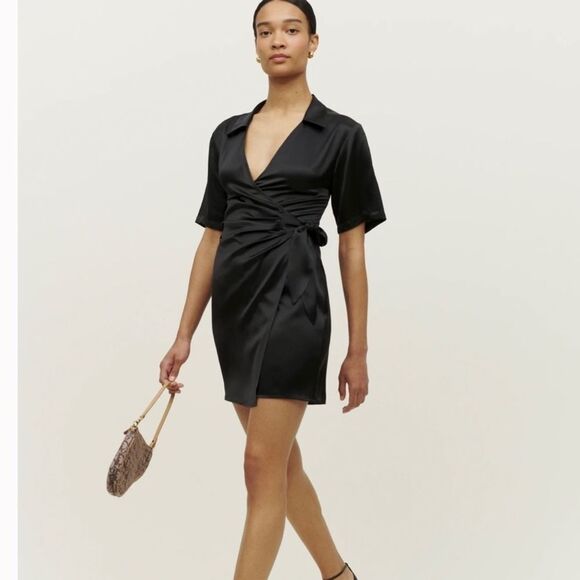Reformation Luxe Silk Dress Black Mini Short Sleeve Sexy Wrap Dress Size Small - Picture 1 of 6